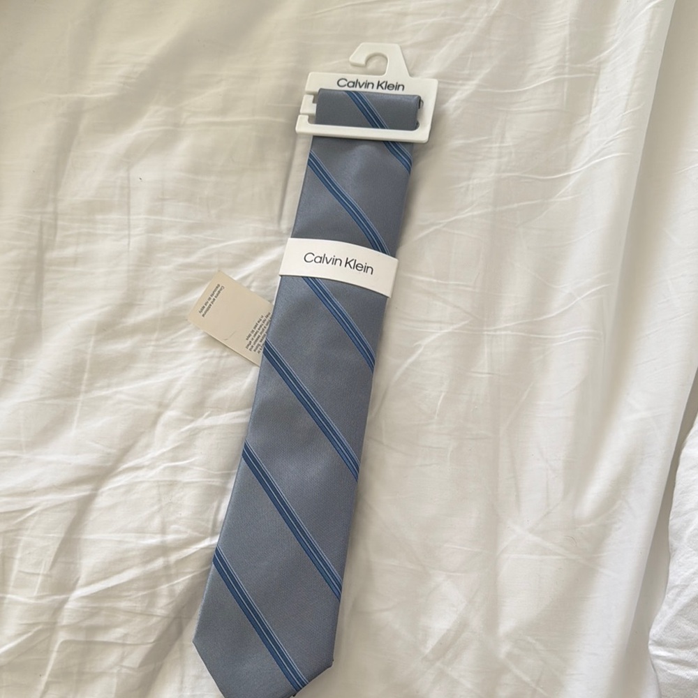 Calvin Klein Gray and Blue Striped Silk Tie